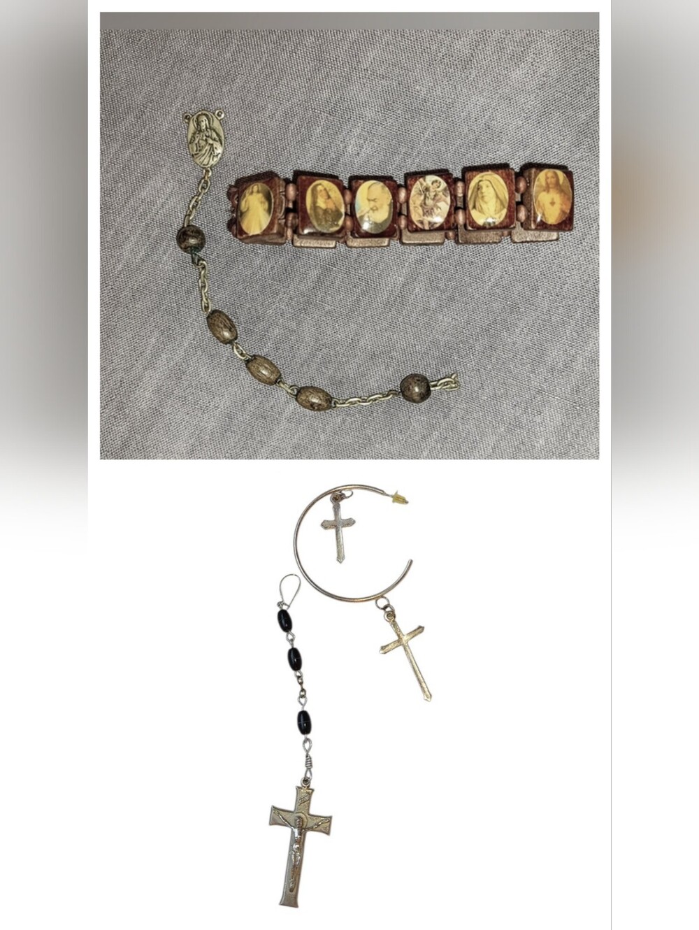 Catholic Saints Wooden Stretch Bracelet Rosary Segments Cross Earrings Relig Lot